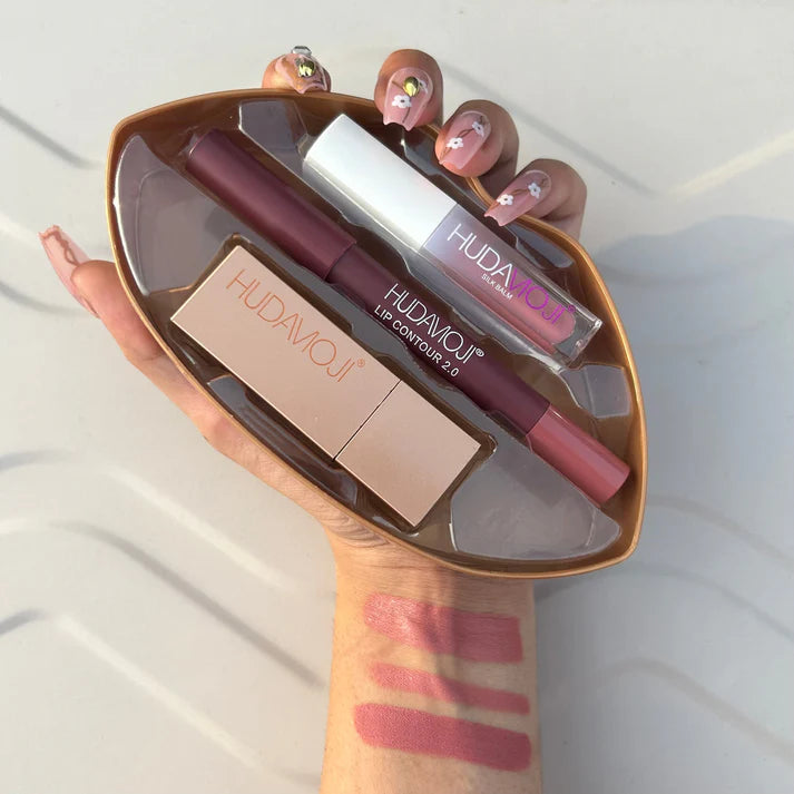 3 in 1 Hudamoji Set Velvet Matte Lipstick , Waterproof Lip Pencil & Lip Gloss Set
