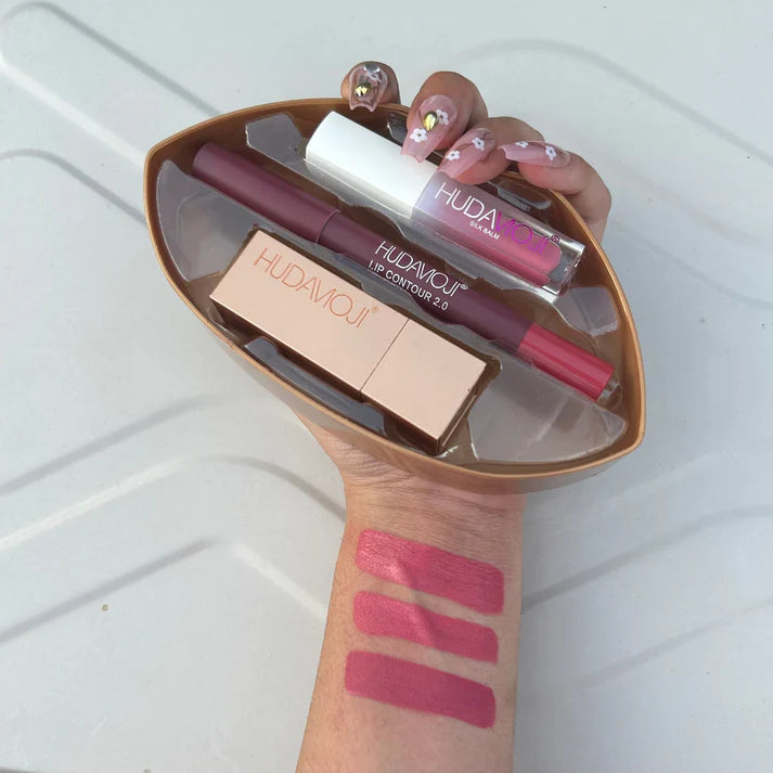 3 in 1 Hudamoji Set Velvet Matte Lipstick , Waterproof Lip Pencil & Lip Gloss Set