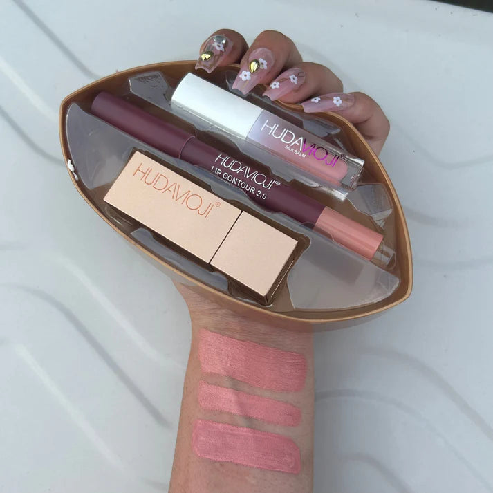 3 in 1 Hudamoji Set Velvet Matte Lipstick , Waterproof Lip Pencil & Lip Gloss Set