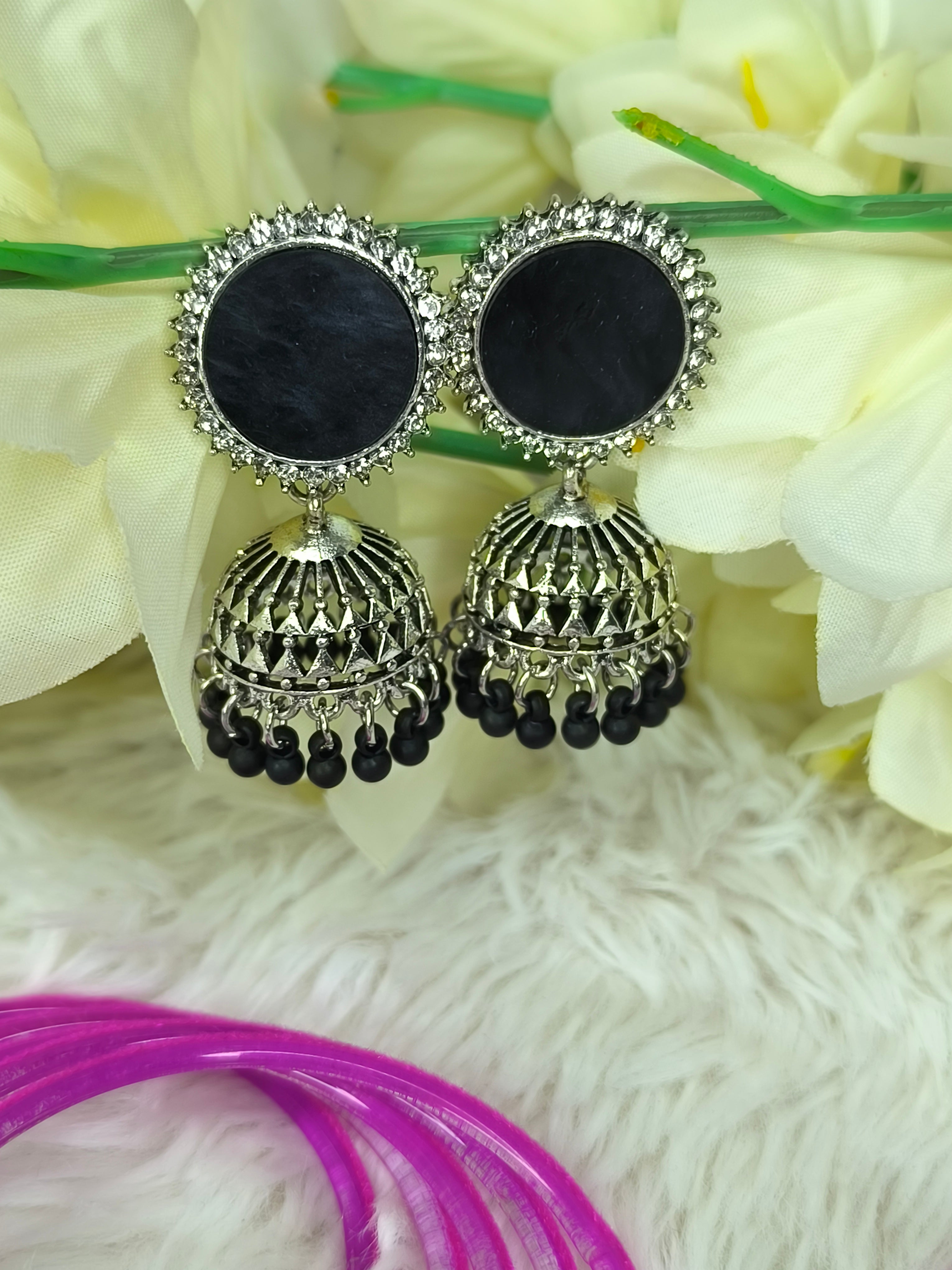Oxidised Silver Jhumka  Earring with Black Stone