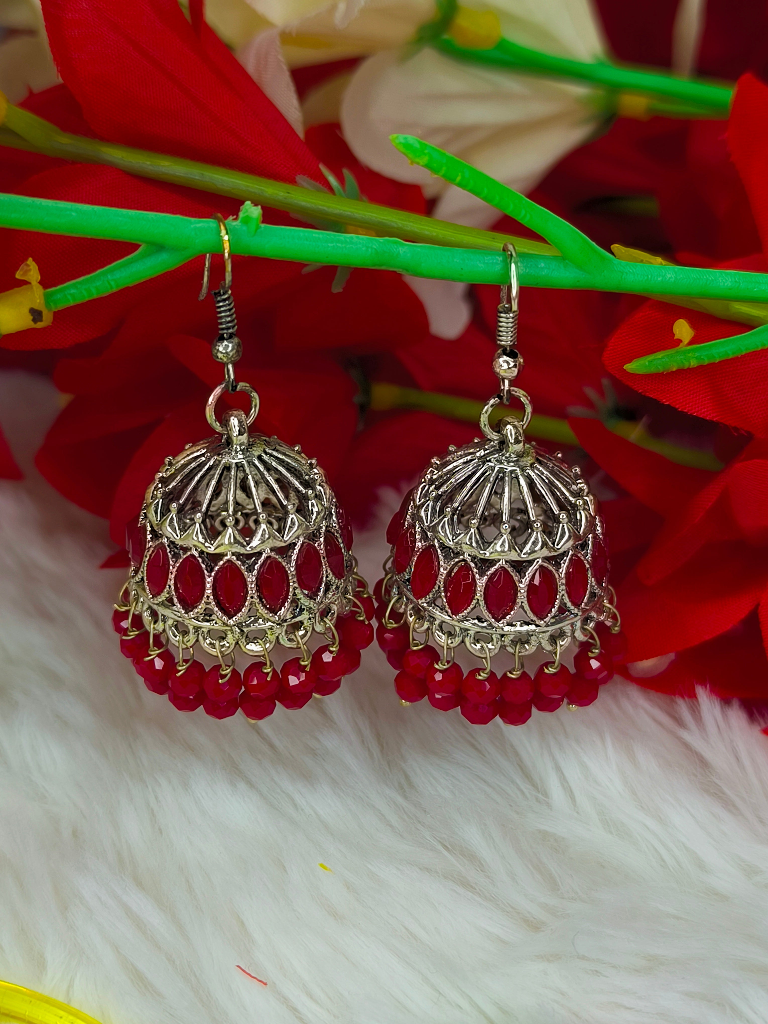 Beautiful Red Silver Jhumka