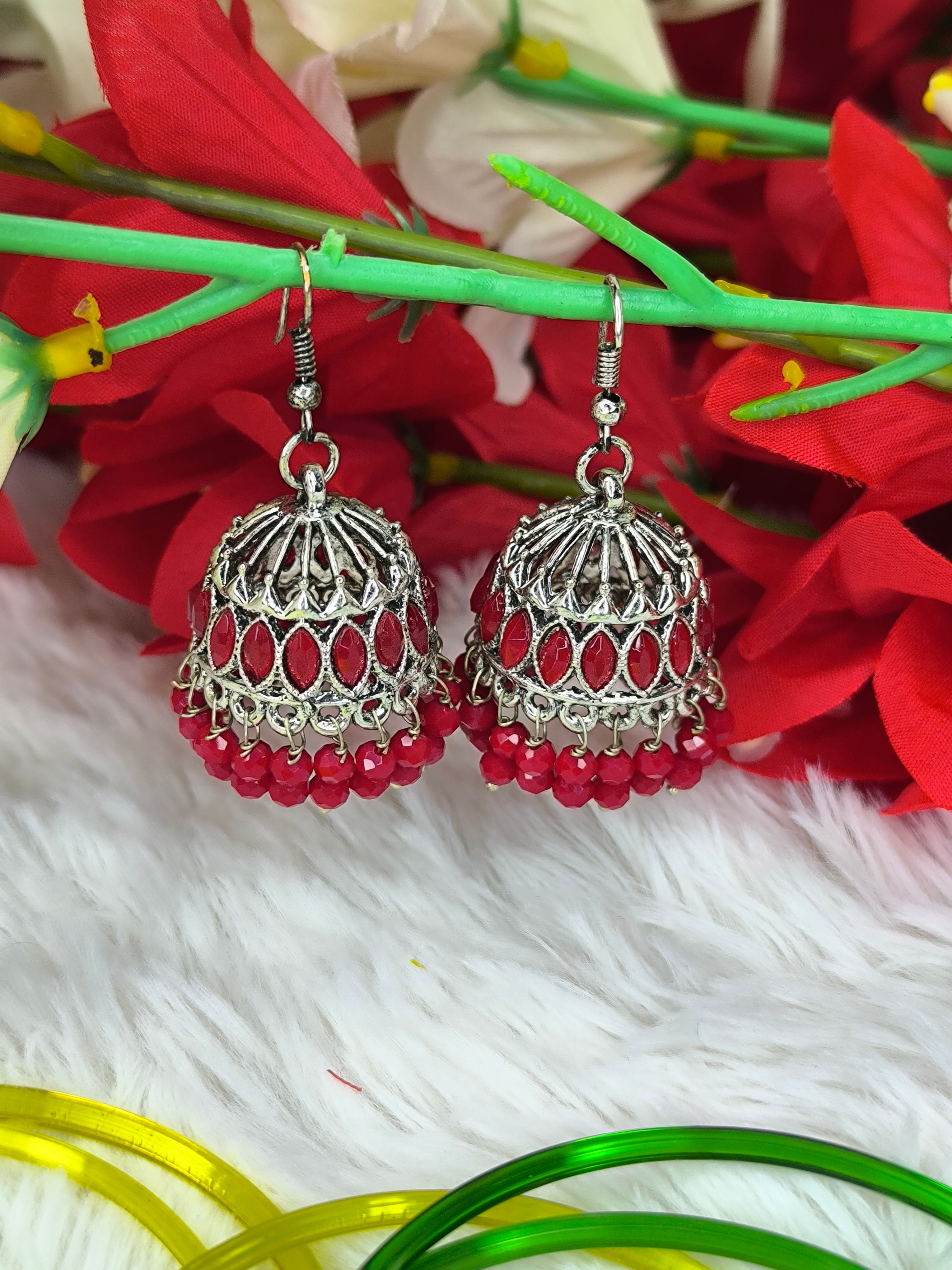 Beautiful Red Silver Jhumka