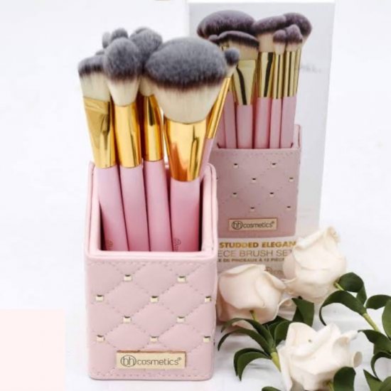 Pink Studded Elegance 12 Piece Brush Set with Brush Stand